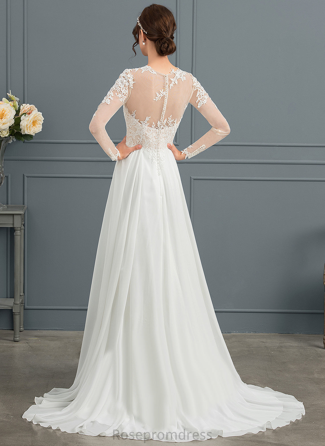 Split Lace Wedding Dresses Appliques Dress Chiffon Tulle Aimee Front Wedding Illusion With A-Line Train Sweep