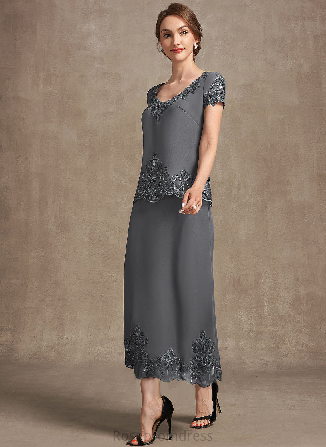 Scoop the Mother Sequins Chiffon Bride Dress Andrea Tea-Length Neck Mother of the Bride Dresses A-Line With Lace of