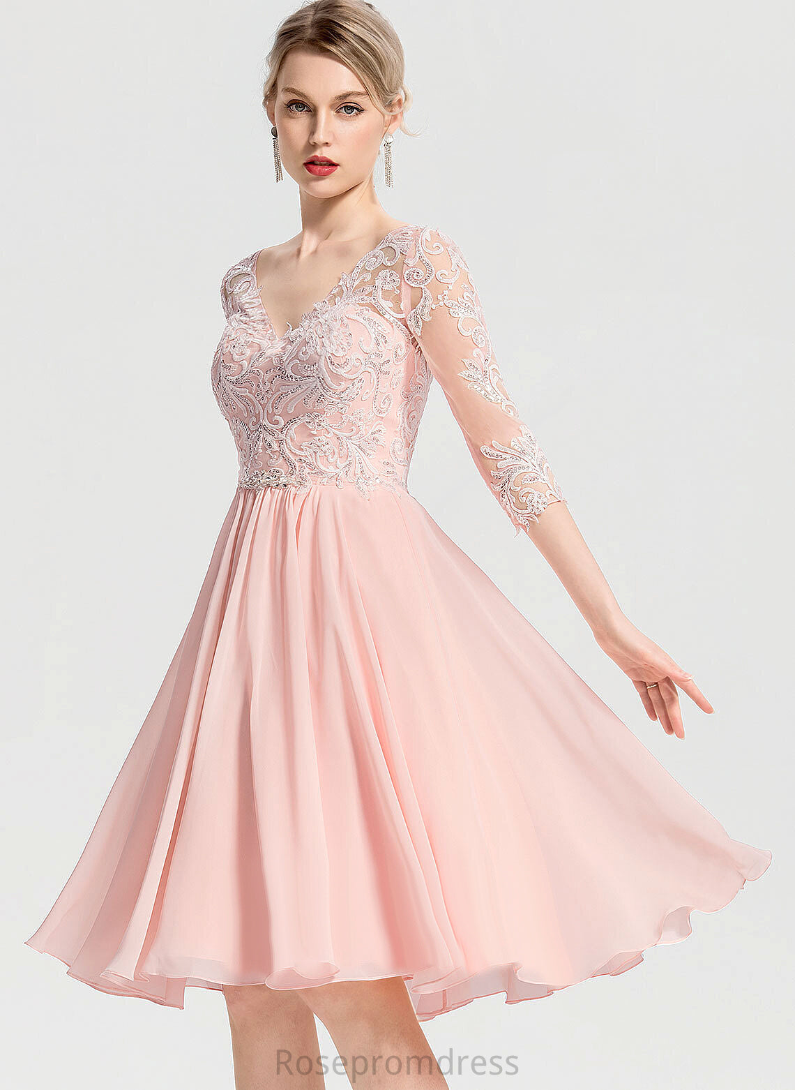 Wedding Dresses Beading Knee-Length With Nell Chiffon Dress V-neck Lace Wedding A-Line