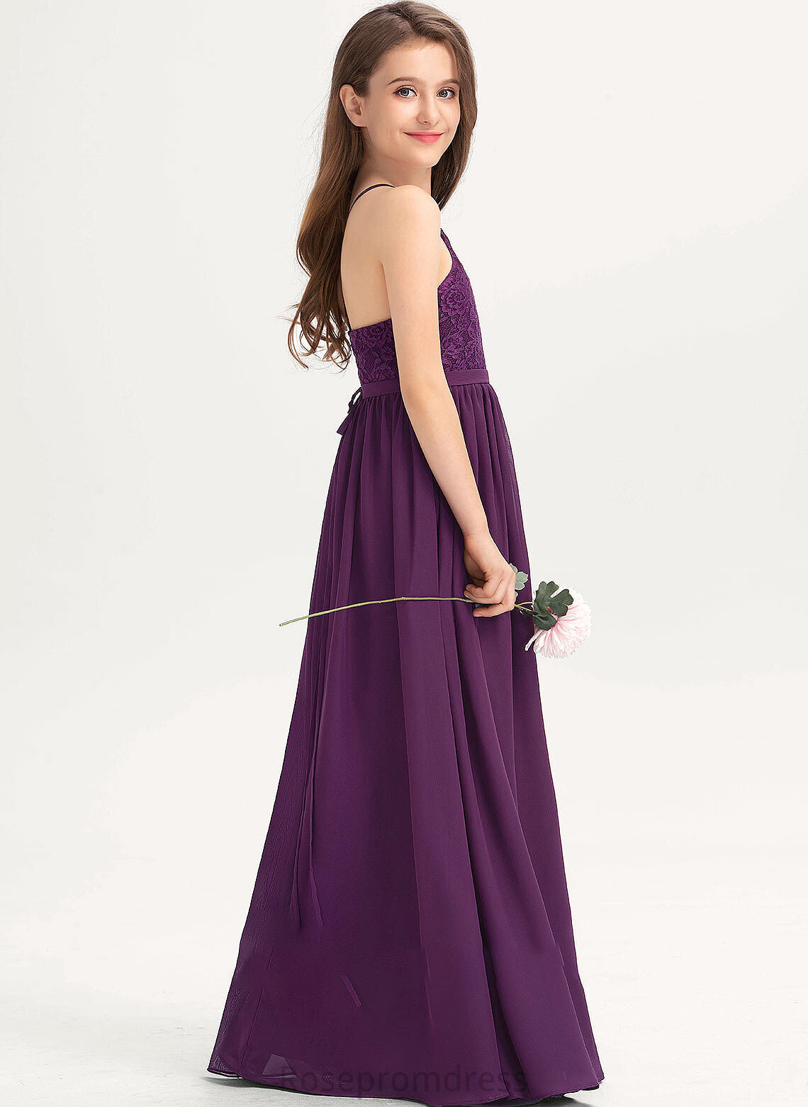 Louisa Bow(s) A-Line Square Lace With Neckline Junior Bridesmaid Dresses Floor-Length Chiffon