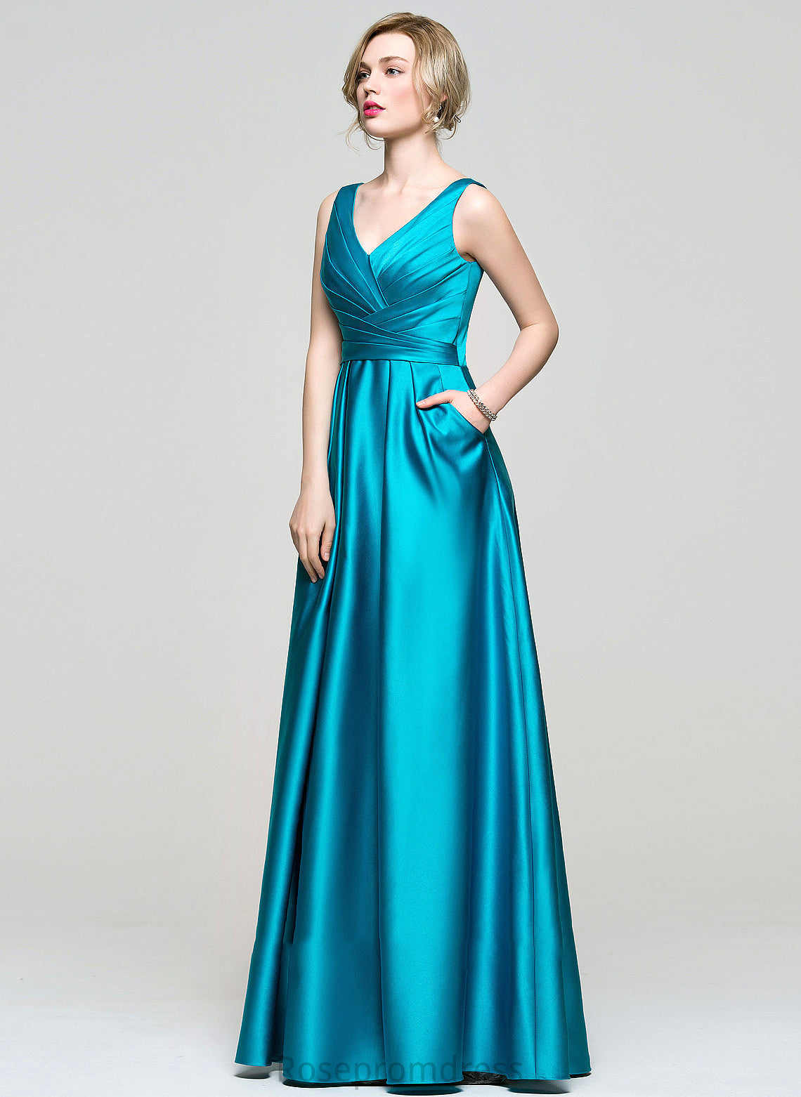 Prom Dresses With V-neck Pockets Floor-Length Ball-Gown/Princess Ruffle Satin Cara