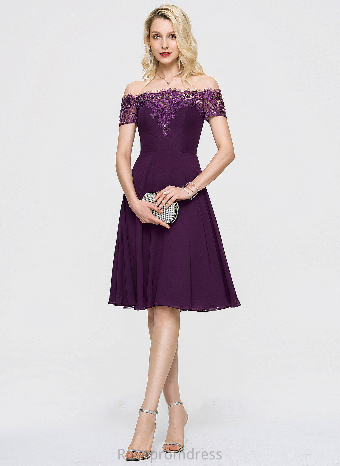 Nydia A-Line Off-the-Shoulder Dress Lace Beading Homecoming Dresses Knee-Length With Homecoming Chiffon