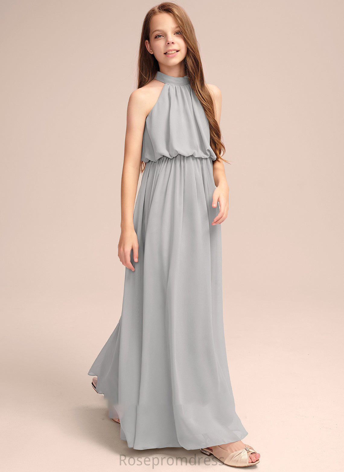 High A-Line Chiffon Junior Bridesmaid Dresses Maritza Neck Floor-Length With Ruffle