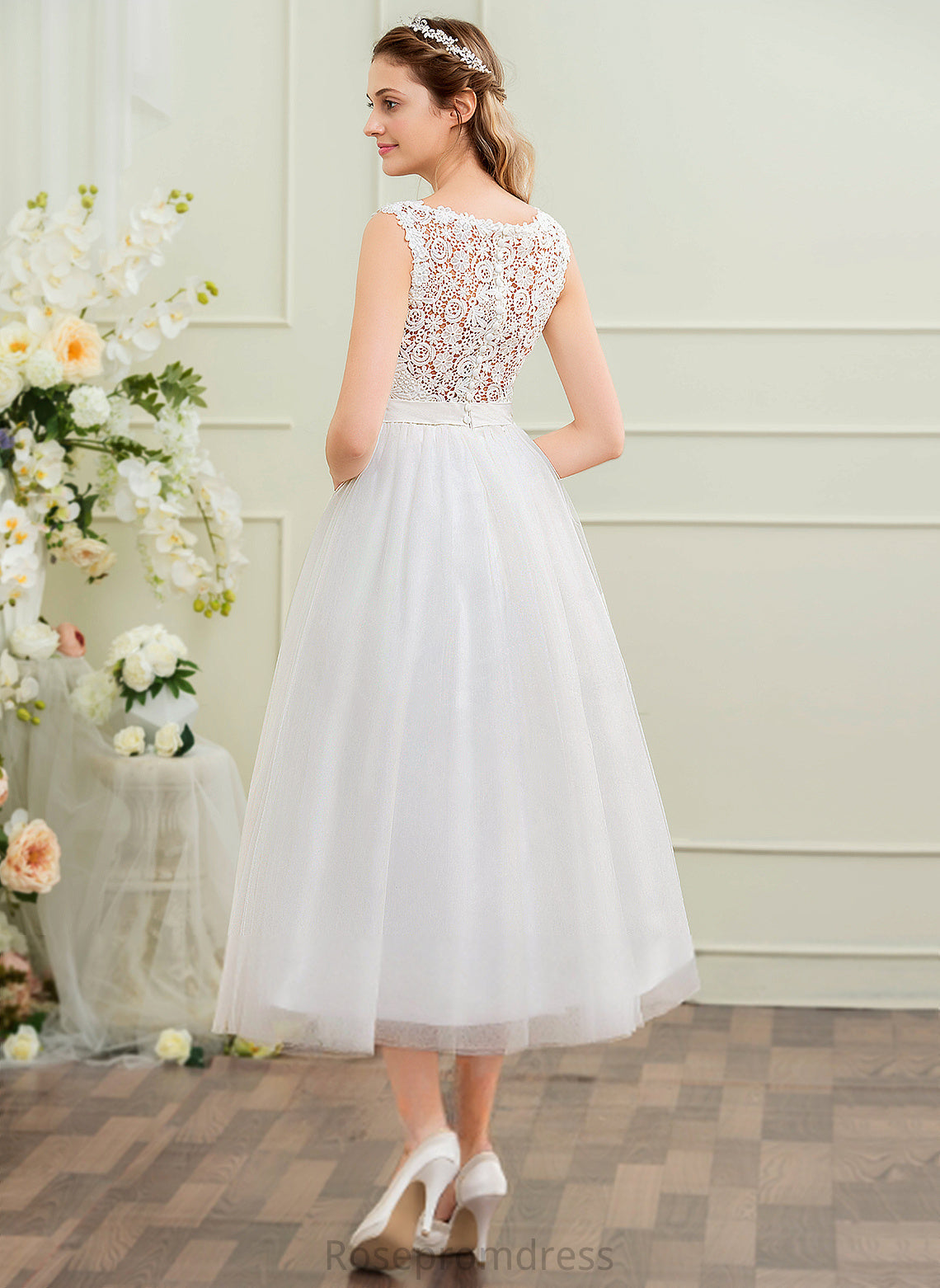 Tea-Length Tulle Beading Wedding Dresses Lace With Ball-Gown/Princess Satin Dress Uerica Wedding Sequins