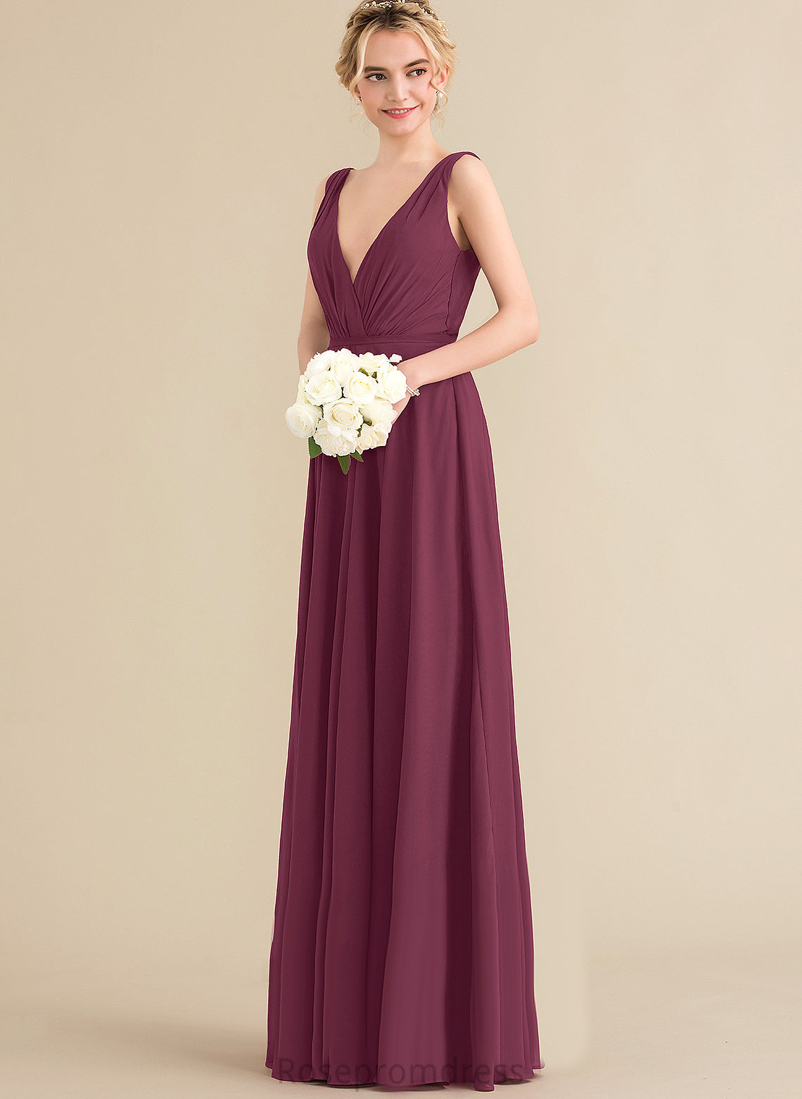 A-Line Floor-Length Pleated Chiffon Prom Dresses V-neck With Violet