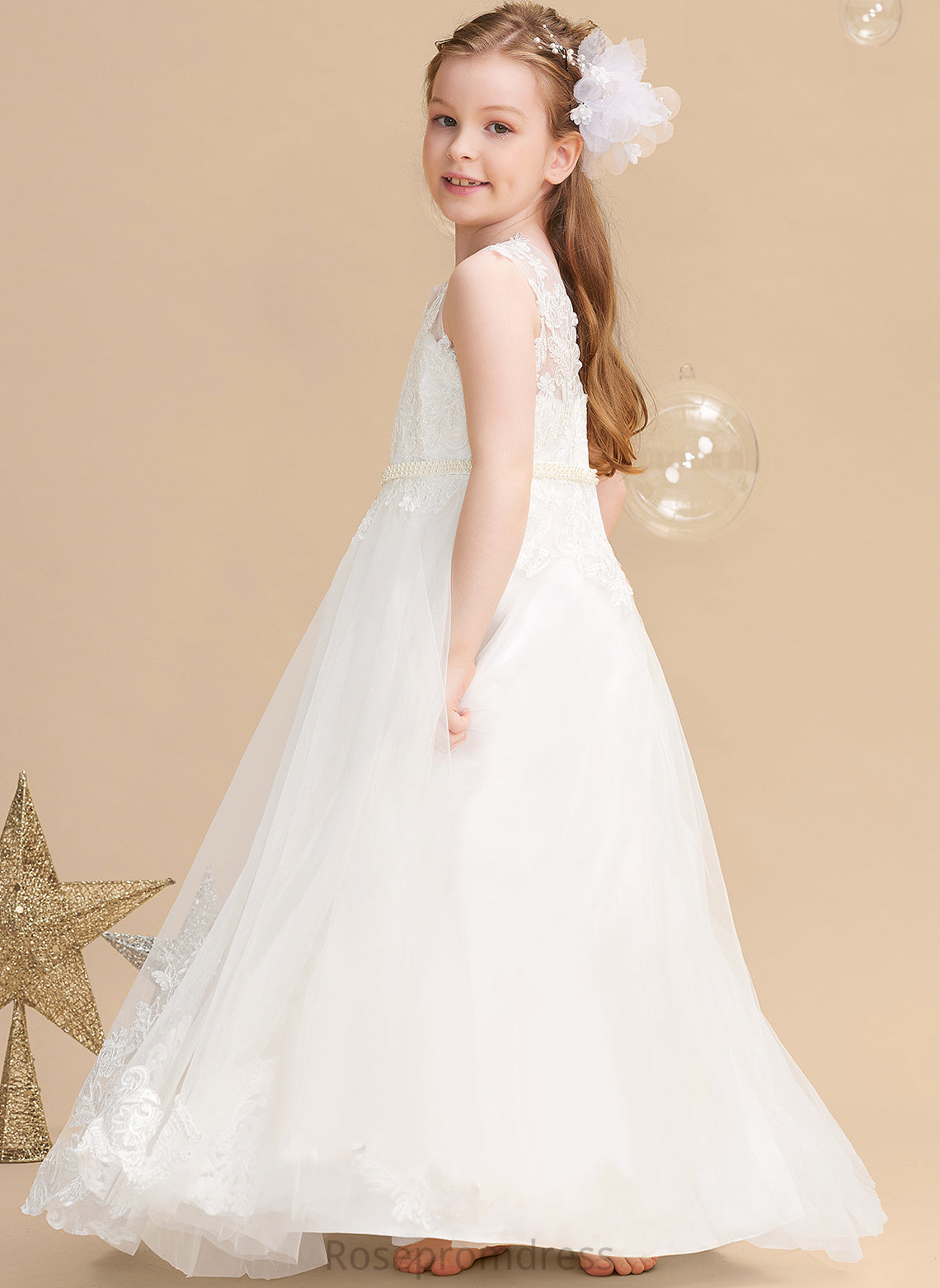 Ball-Gown/Princess Floor-length Beading Tulle/Lace Flower Girl Dresses Flower Dress Neck Scoop - With Girl Serena Sleeveless