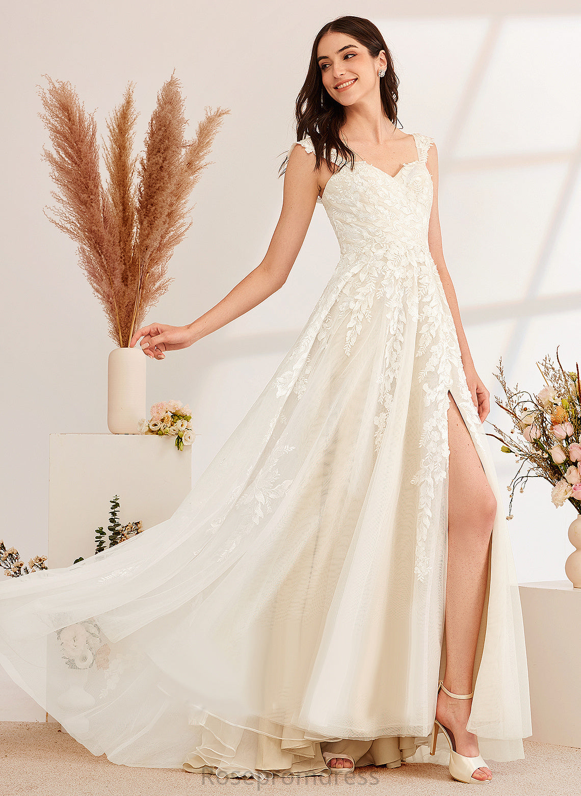 Tulle With Dress Sweep Wedding Dresses Lace Sequins A-Line Off-the-Shoulder Beading Yasmin Train Wedding