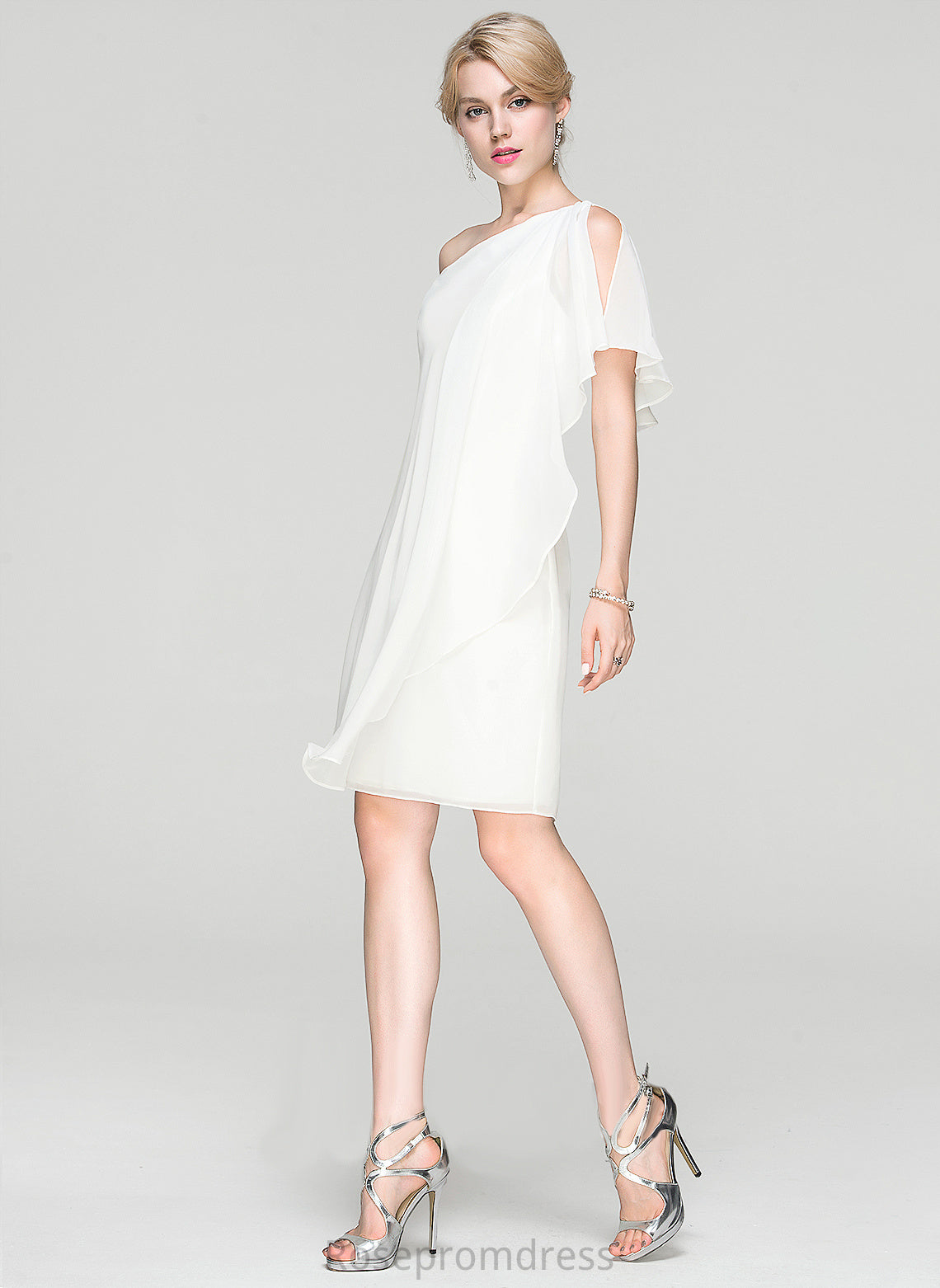 Briana Chiffon Knee-Length Ruffle One-Shoulder Cocktail Cocktail Dresses Dress With Sheath/Column