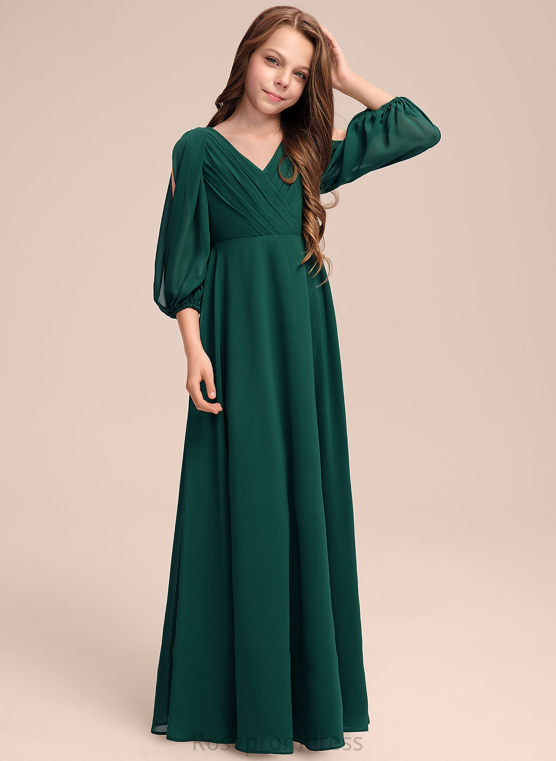 Aliana With A-Line Floor-Length Ruffles Chiffon V-neck Junior Bridesmaid Dresses