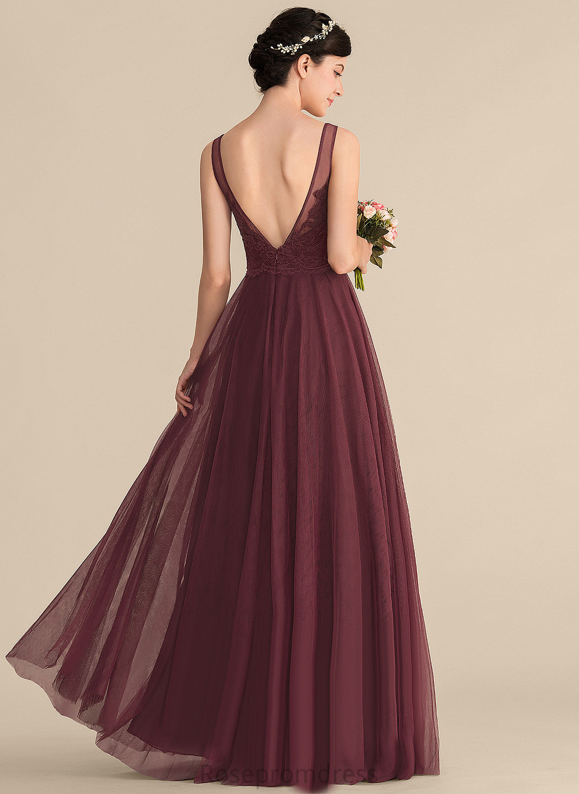 Floor-Length Length Straps&Sleeves Neckline A-line Silhouette Fabric Tulle V-Neck Lace Natalya Sleeveless Bridesmaid Dresses