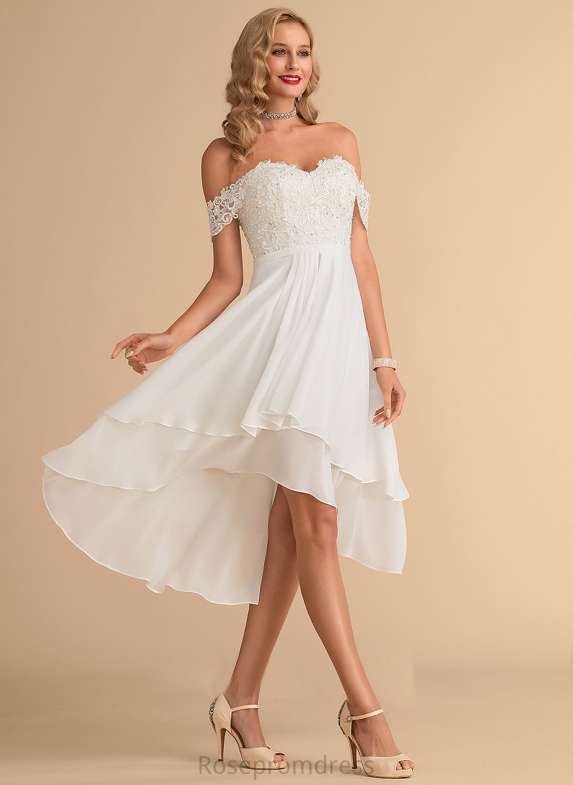 Sequins Lace Chiffon Dress Carly With Beading Wedding Asymmetrical Wedding Dresses A-Line Off-the-Shoulder