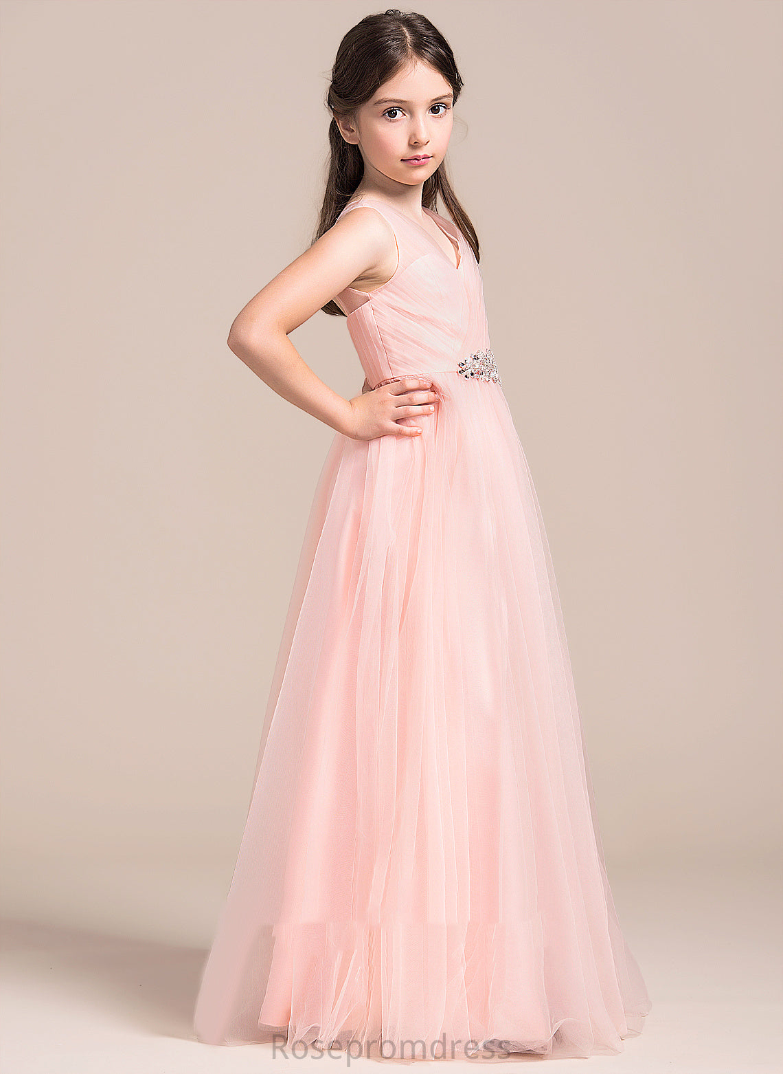 Sleeveless V-neck Dress Flower Girl Dresses Tulle Floor-length Flower With Girl Ruffles/Beading/Sequins - Nora A-Line