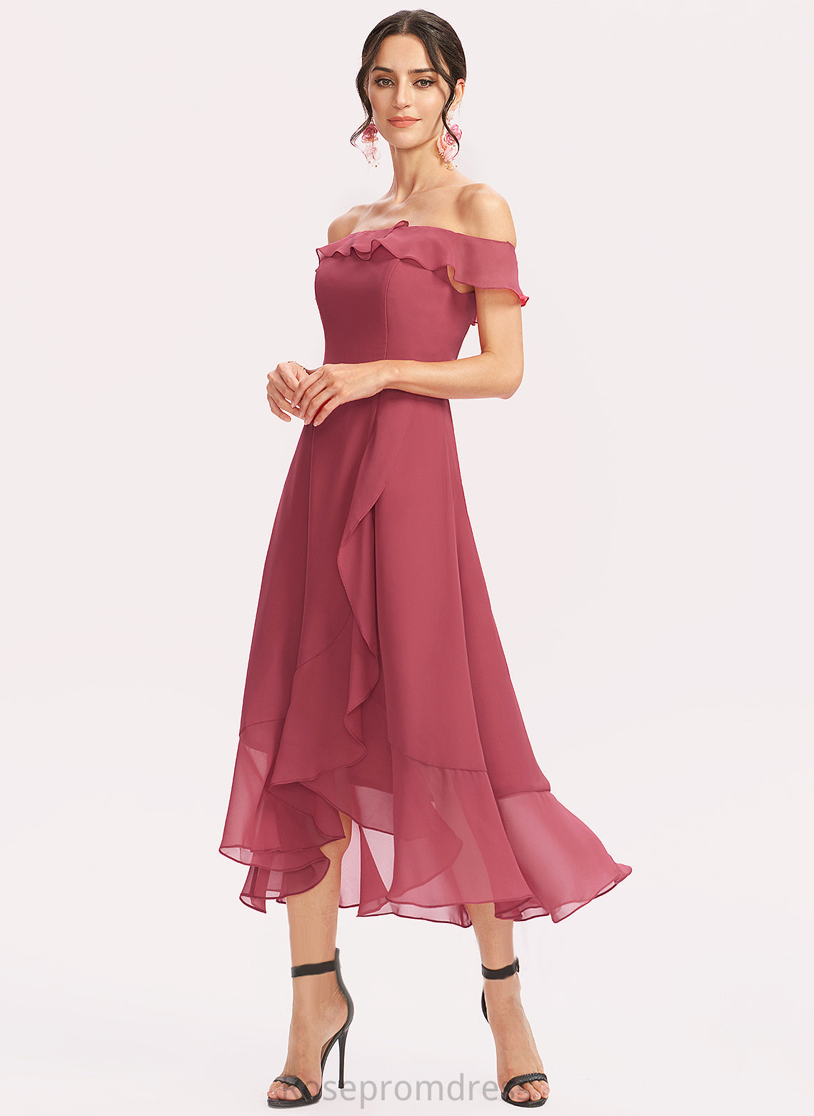 Silhouette CascadingRuffles A-Line Embellishment Tea-Length Fabric Neckline Length Off-the-Shoulder Mariana Bridesmaid Dresses