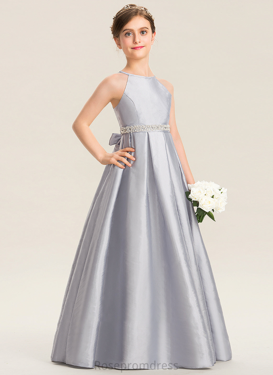 A-Line Bow(s) Beading Floor-Length Taffeta Averi Neck Junior Bridesmaid Dresses Scoop With