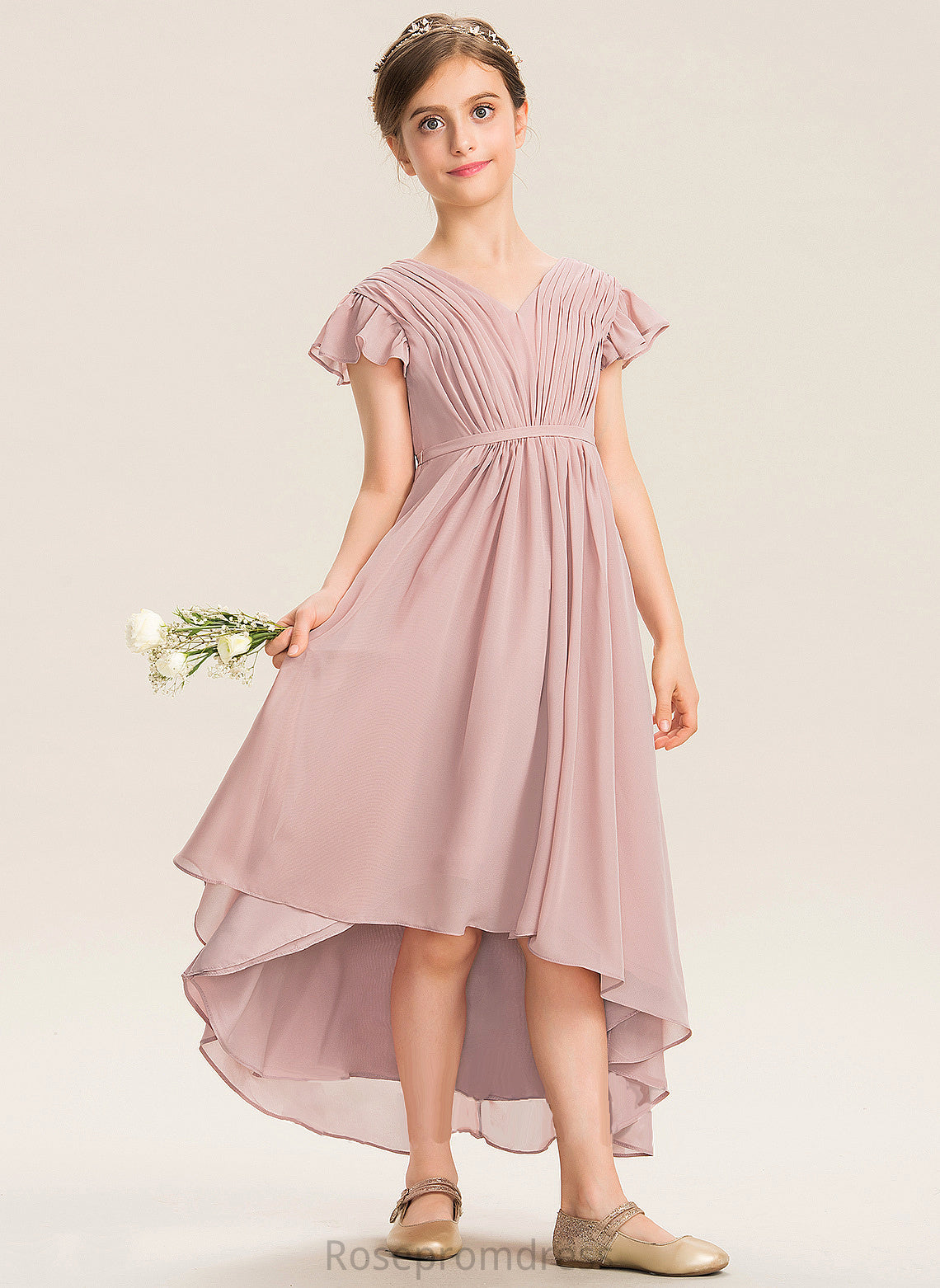 Angelica V-neck Asymmetrical Junior Bridesmaid Dresses Bow(s) Chiffon Ruffles A-Line Cascading With