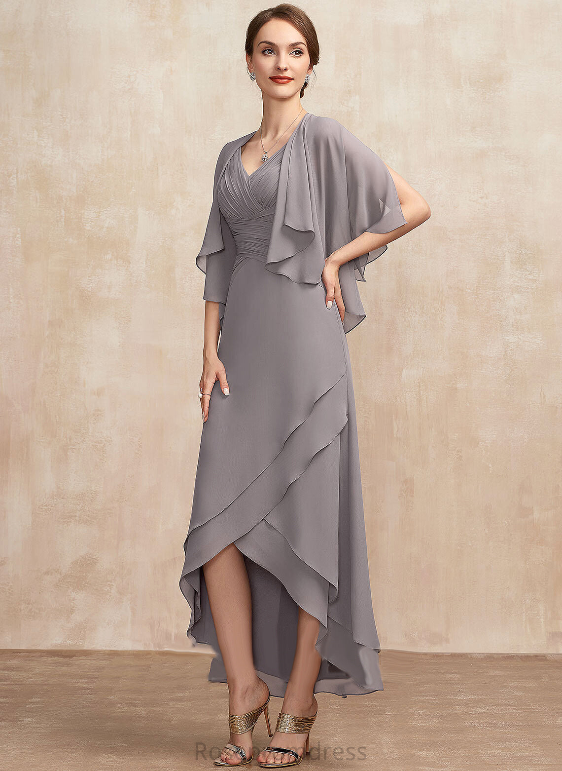 Marie Mother Ruffle A-Line of V-neck Mother of the Bride Dresses the Asymmetrical Bride Dress Chiffon With