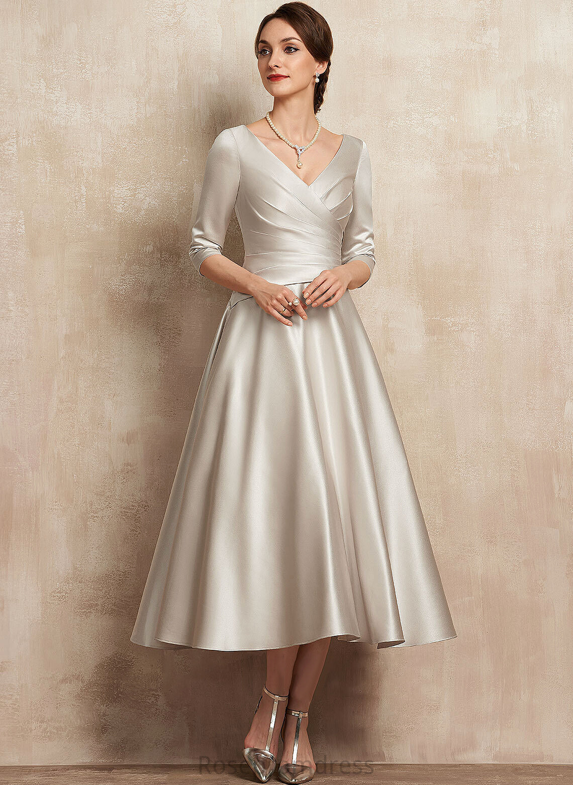 Satin Jocelyn Mother of the Bride Dresses V-neck Dress the Mother Bride Ruffle of A-Line Tea-Length With