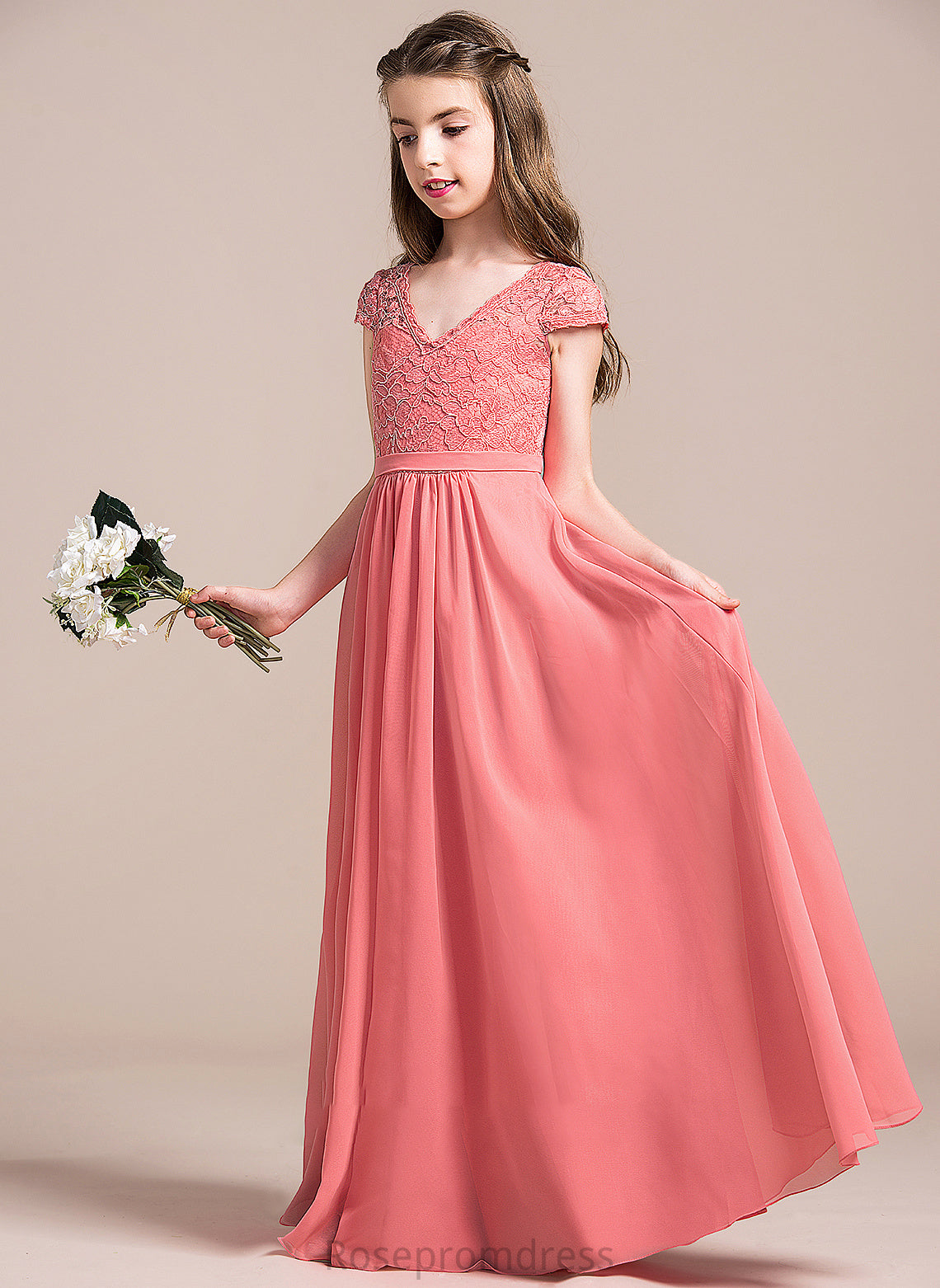 Chiffon Ivy Floor-Length V-neck Junior Bridesmaid Dresses Lace A-Line