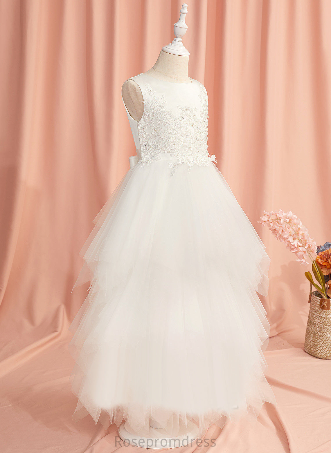 Flower Girl Dresses Scoop Lace/Beading Girl Neck Ball-Gown/Princess Satin/Tulle Flower Sleeveless Valeria With - Ankle-length Dress