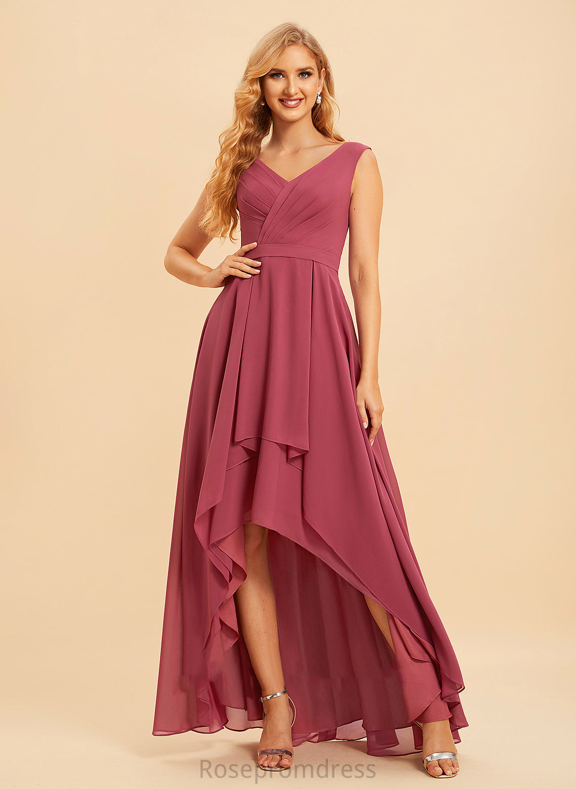 Ruffle Silhouette Neckline V-neck Asymmetrical Length Fabric A-Line Embellishment Arabella Spaghetti Staps Sleeveless Bridesmaid Dresses