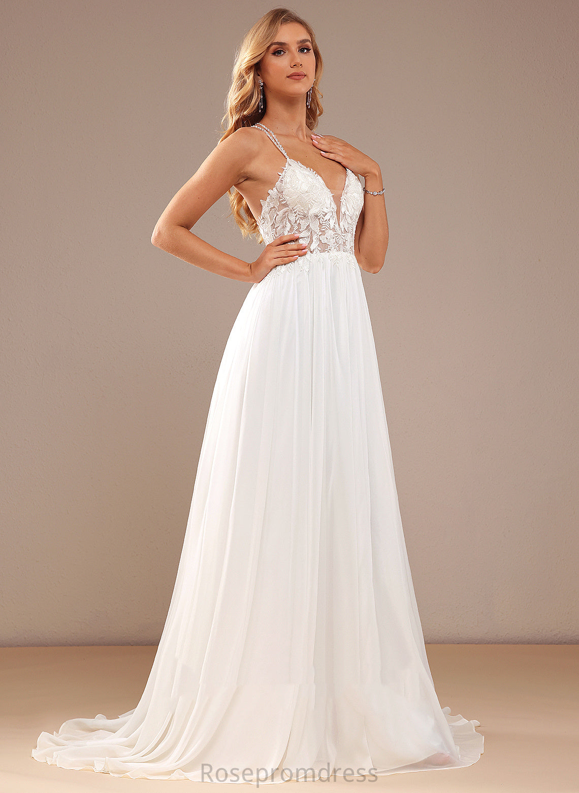 Dress Train Wedding Dresses A-Line V-neck Wedding Sequins With Beading Lace Harmony Chiffon Lace Sweep