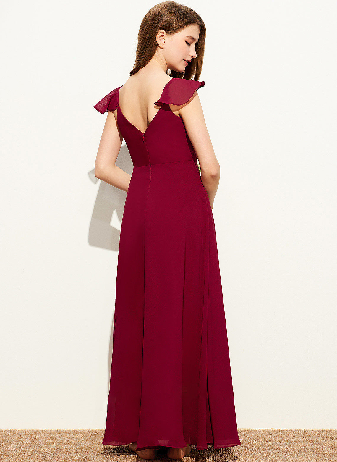 Junior Bridesmaid Dresses V-neck Edith A-Line Chiffon Floor-Length With Ruffle