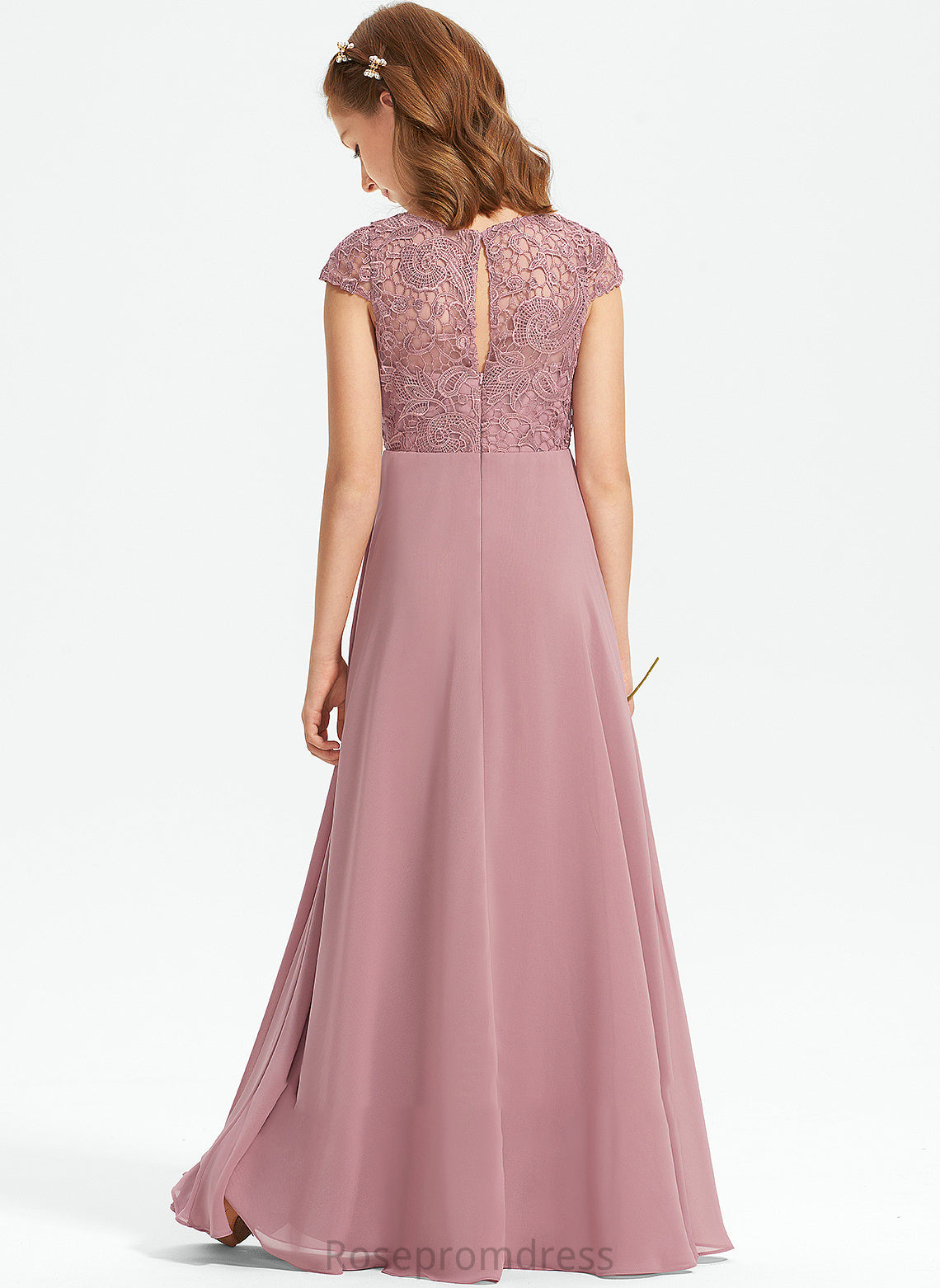 A-Line Chiffon Addyson Scoop Lace Neck Floor-Length Junior Bridesmaid Dresses