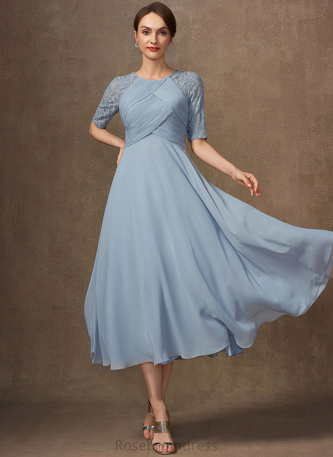 Dress Chiffon Mother Tea-Length A-Line Lace With Mother of the Bride Dresses the of Scoop Neck Mylie Bride Ruffle