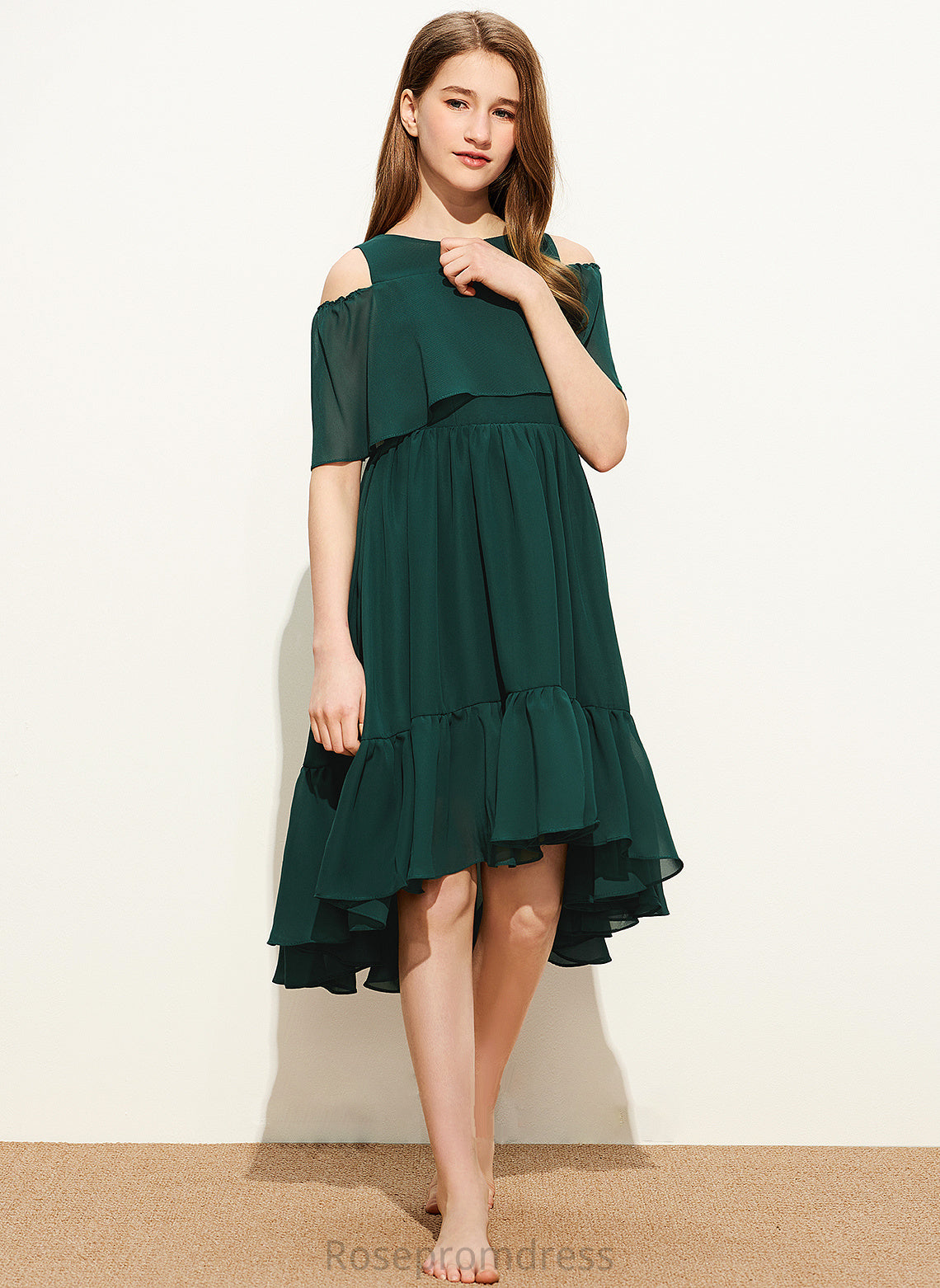 Asymmetrical Junior Bridesmaid Dresses With Cascading Scoop A-Line Lyric Ruffles Chiffon Neck