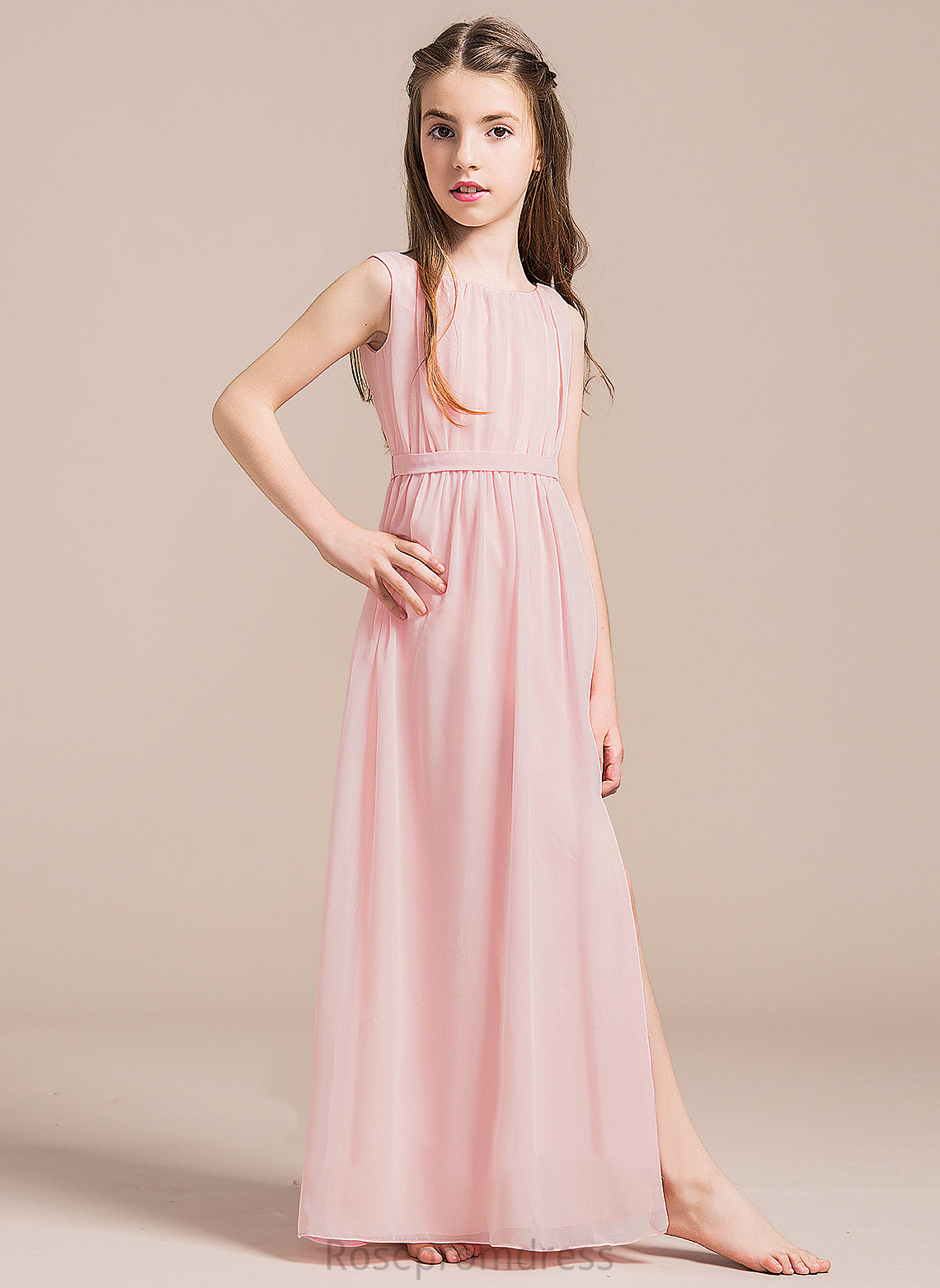 Junior Bridesmaid Dresses Rachael Neck Floor-Length Chiffon A-Line Split Scoop Front With Ruffle