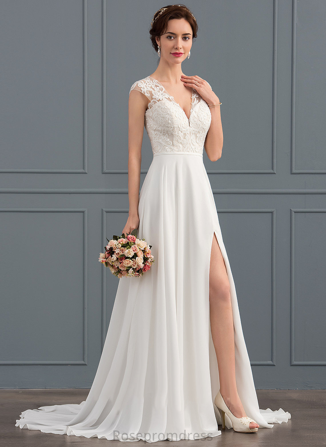 Train Wedding Sweep Wedding Dresses Chiffon A-Line Split Front With Lace Anya V-neck Dress