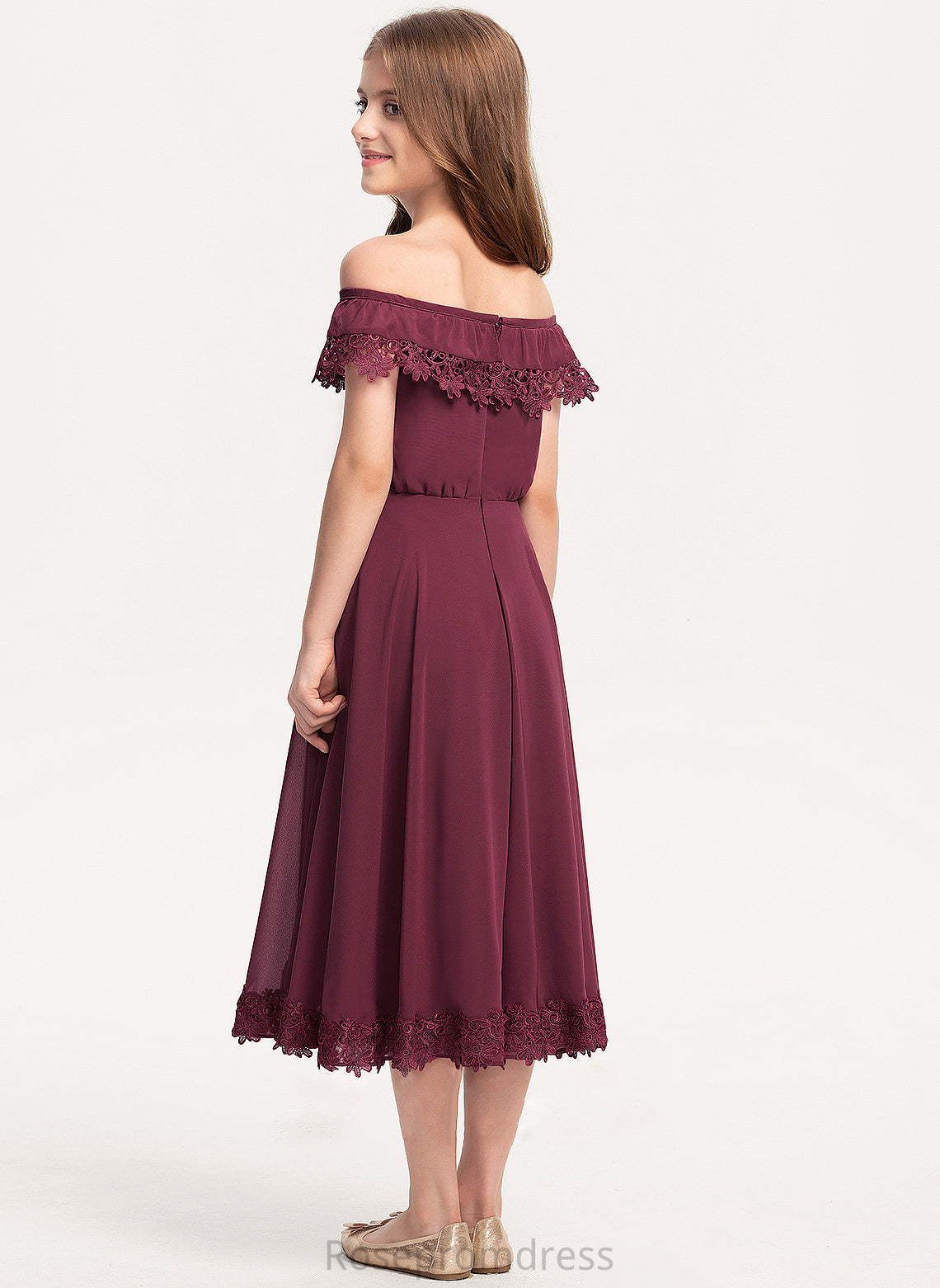 Tea-Length Zoey A-Line Off-the-Shoulder Junior Bridesmaid Dresses Chiffon Lace