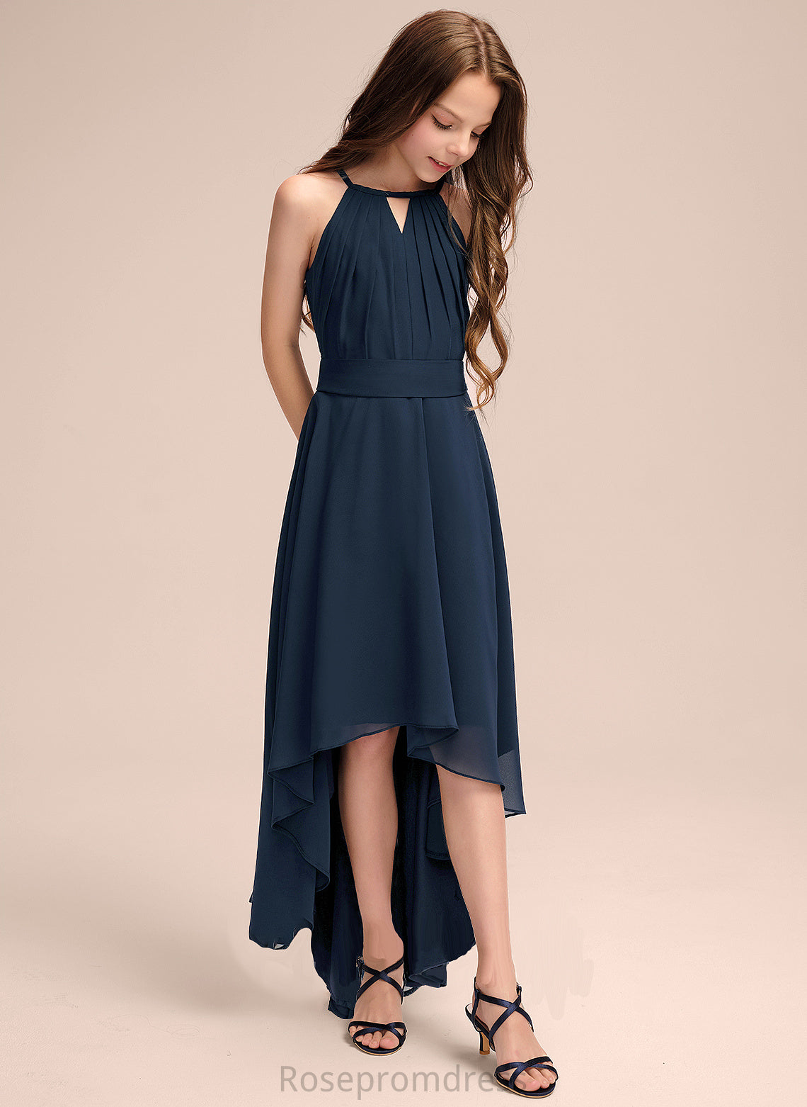 Junior Bridesmaid Dresses Adelaide Scoop Ruffles A-Line Chiffon Bow(s) Neck Asymmetrical With