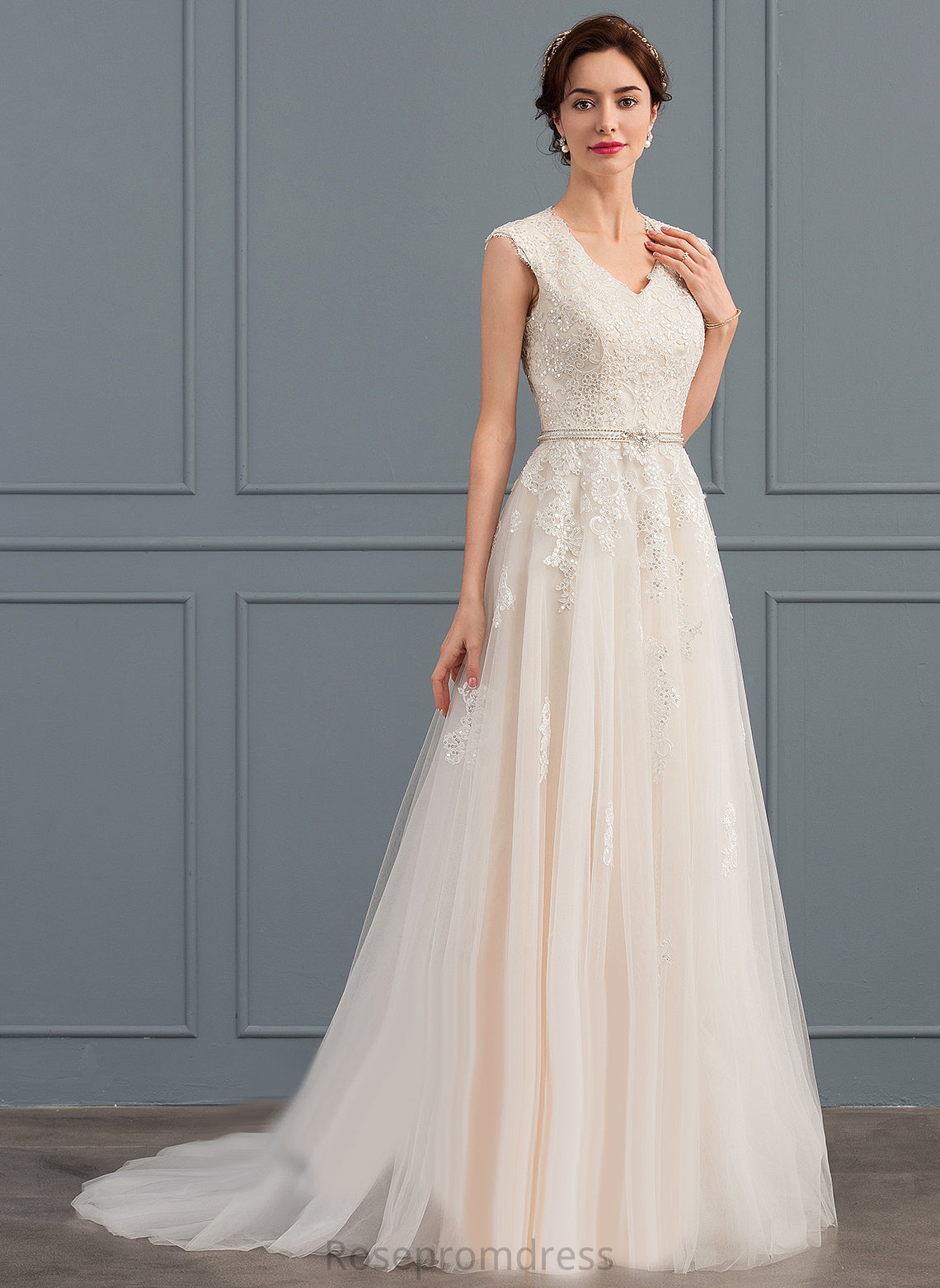 Tulle With Wedding A-Line Dress Sweep Gloria Lace Beading Bow(s) Wedding Dresses Sequins V-neck Train