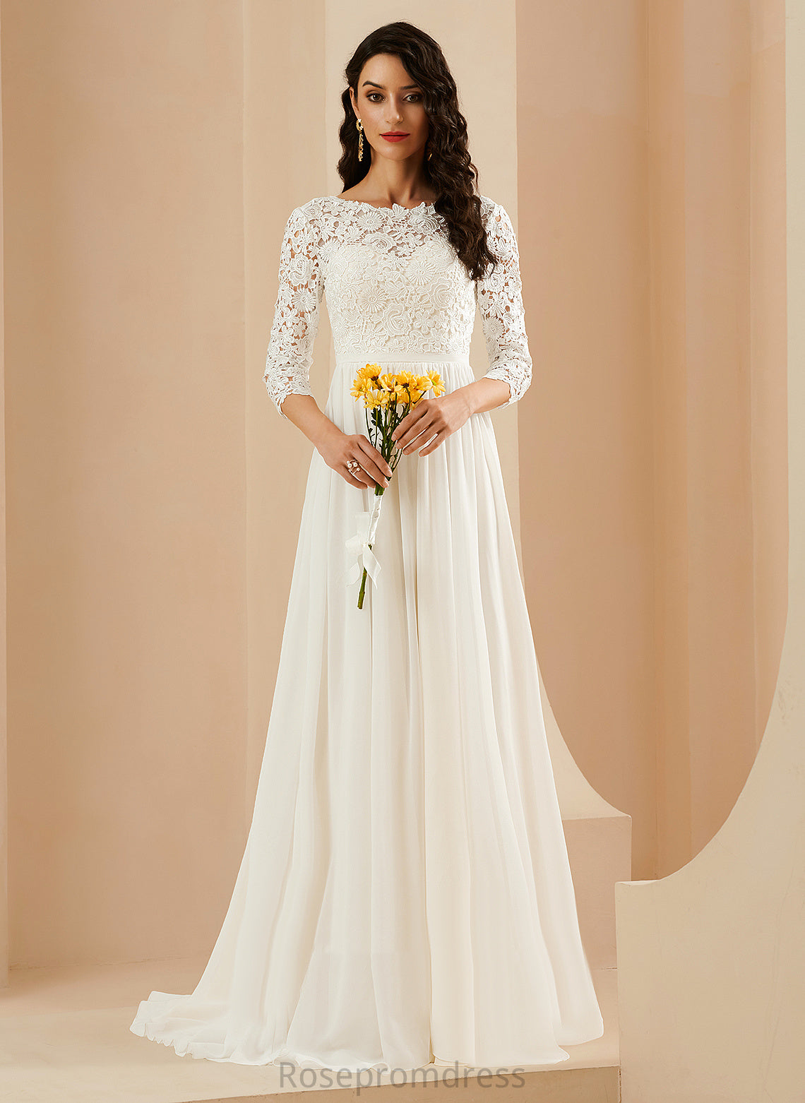 Train With Uerica Neck Wedding Dresses Lace Chiffon Wedding Sweep Dress Scoop A-Line