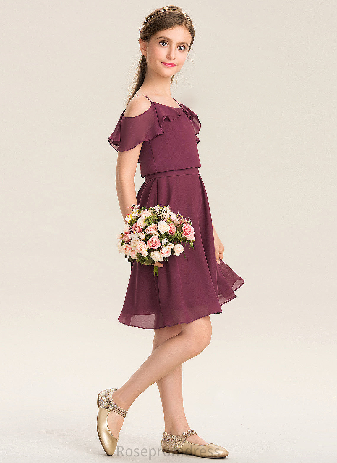 Chiffon Off-the-Shoulder Junior Bridesmaid Dresses A-Line With Ruffles Bow(s) Knee-Length Cascading Aurora