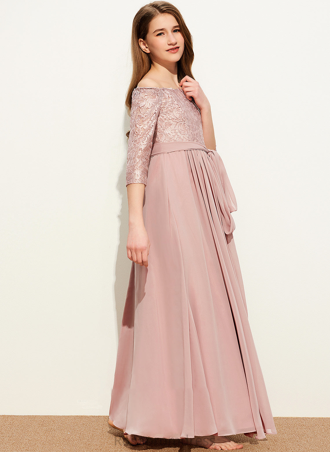 With A-Line Floor-Length Corinne Junior Bridesmaid Dresses Chiffon Lace Off-the-Shoulder Bow(s)