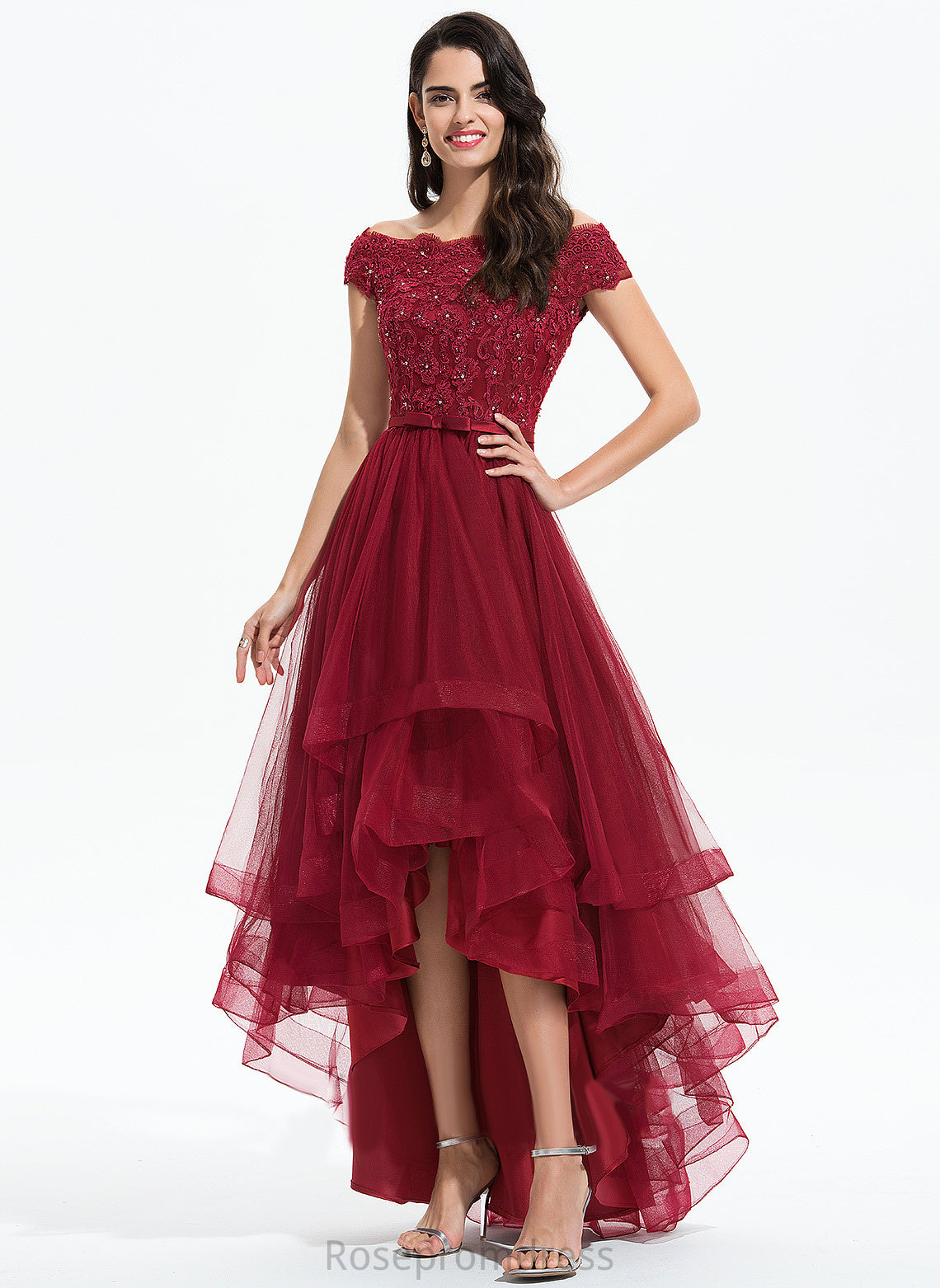 Dress Tulle Asymmetrical Off-the-Shoulder Sequins A-Line Rosa Lace Beading Bow(s) With Wedding Wedding Dresses