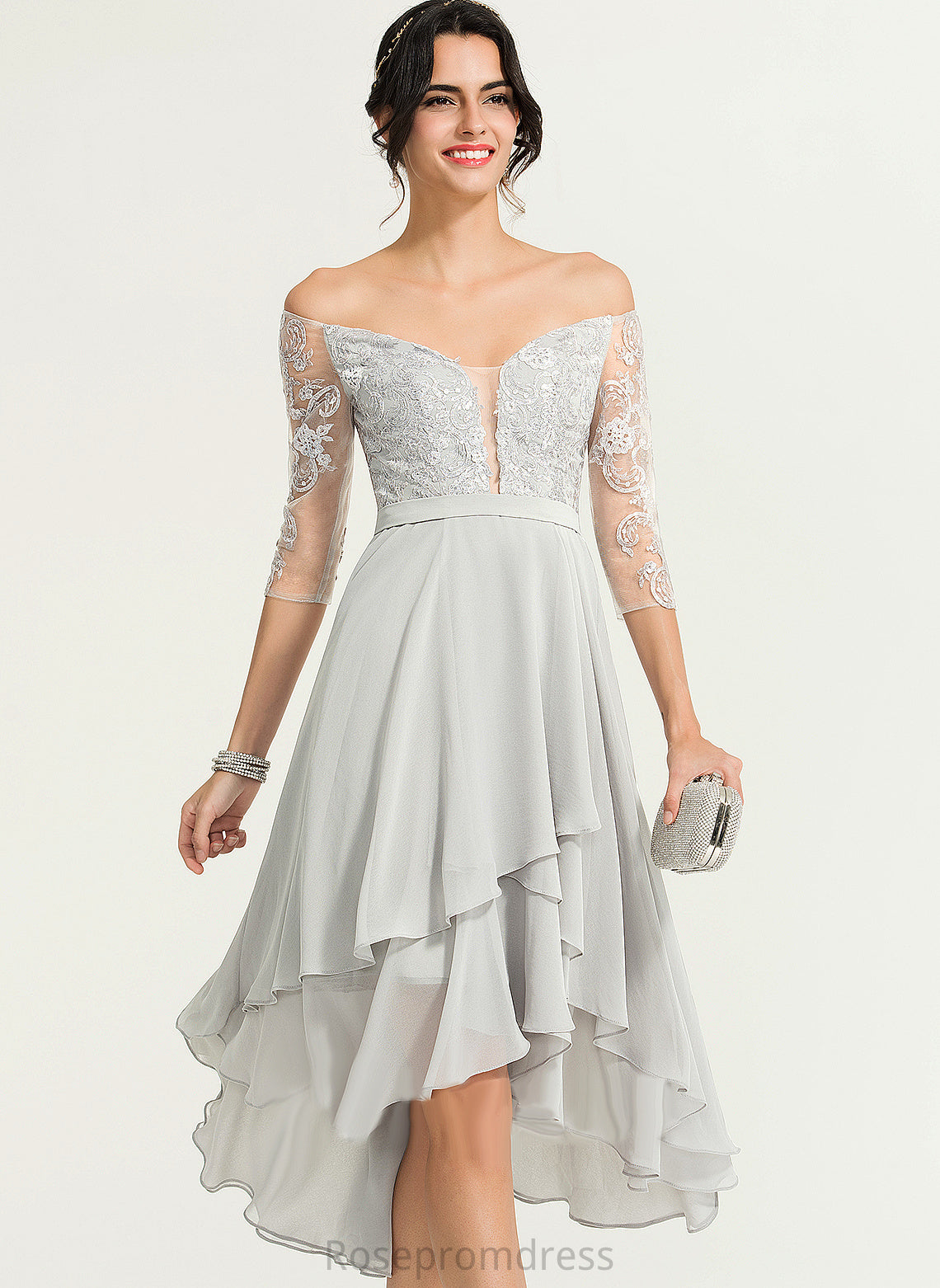 Off-the-Shoulder Asymmetrical A-Line With Lace Cocktail Juliana Beading Dress Chiffon Cocktail Dresses