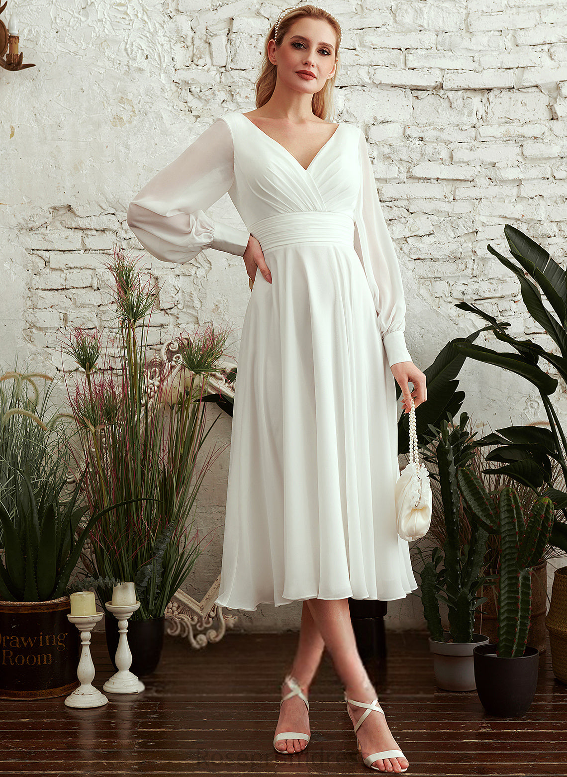 Tea-Length Kiley Wedding A-Line Chiffon Wedding Dresses V-neck Dress