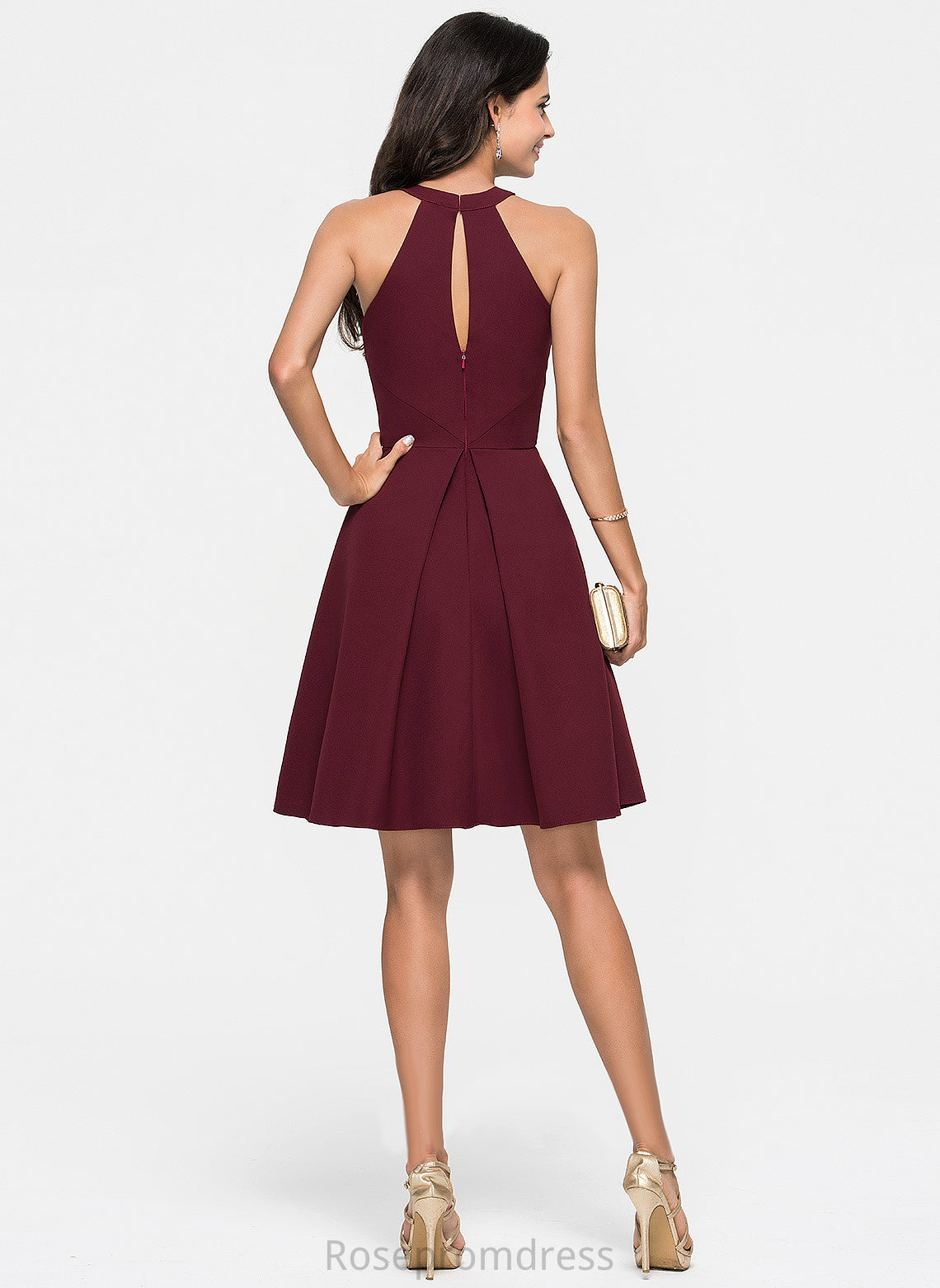 With Ruffle Neck Stretch Crepe Cocktail Scoop Laura A-Line Cocktail Dresses Knee-Length Dress