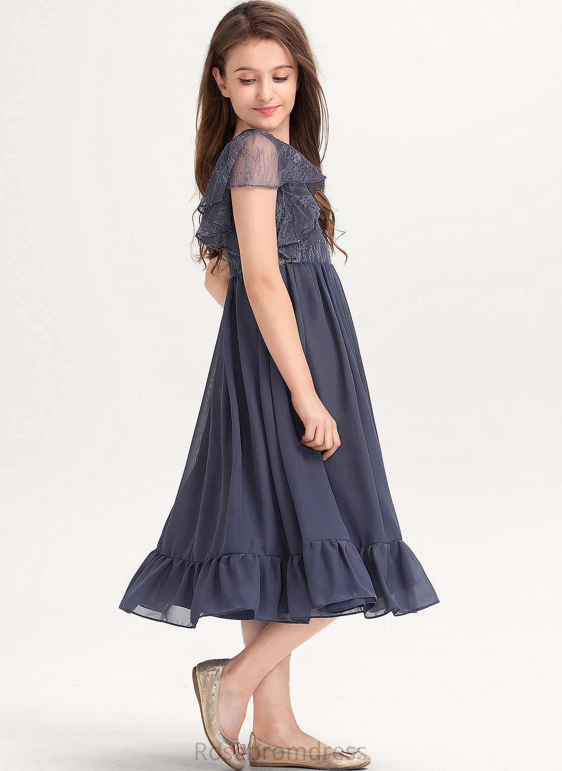 With Lace Knee-Length Novia Scoop Cascading A-Line Ruffles Chiffon Neck Junior Bridesmaid Dresses