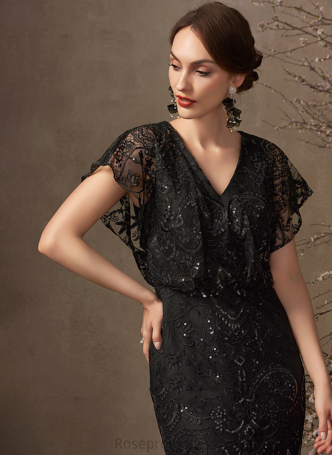 Ankle-Length Chiffon Sequins Lace With Cocktail Jean Cocktail Dresses V-neck Dress Sheath/Column