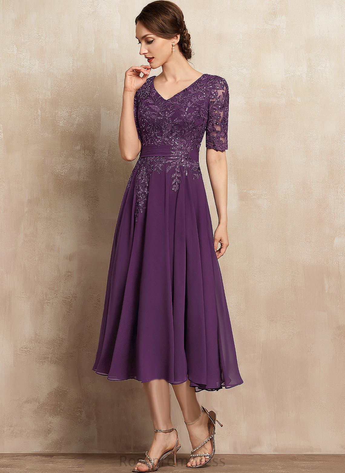 Lace Sequins Mattie Dress Cocktail V-neck Cocktail Dresses Chiffon A-Line Tea-Length With