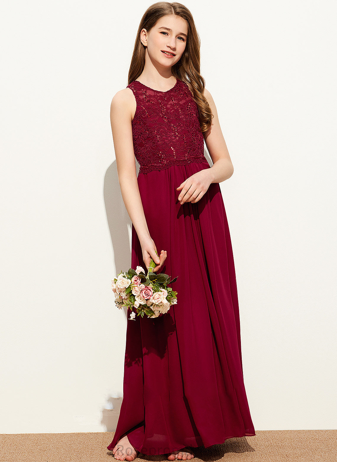 Jamie With Neck Chiffon Sequins Scoop Floor-Length Junior Bridesmaid Dresses Lace A-Line