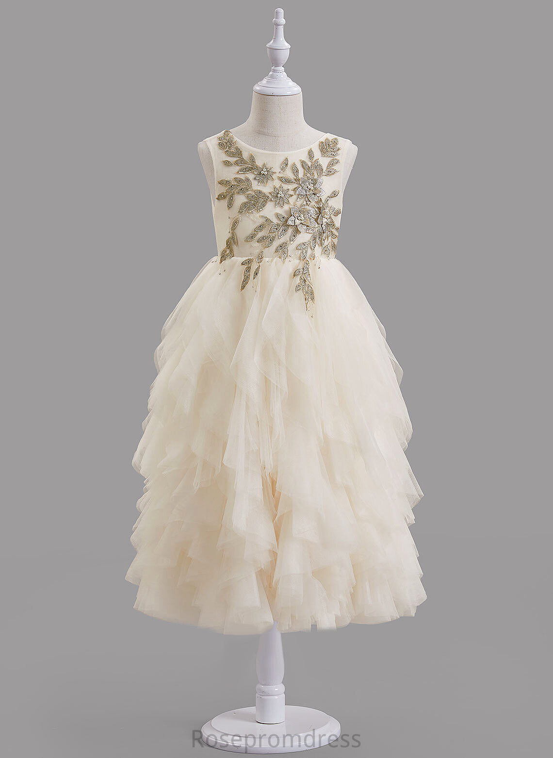 Tea-length Tulle/Lace Scoop Flower Dress Sleeveless A-Line - Beading/V Flower Girl Dresses Neck Girl Jakayla With Back