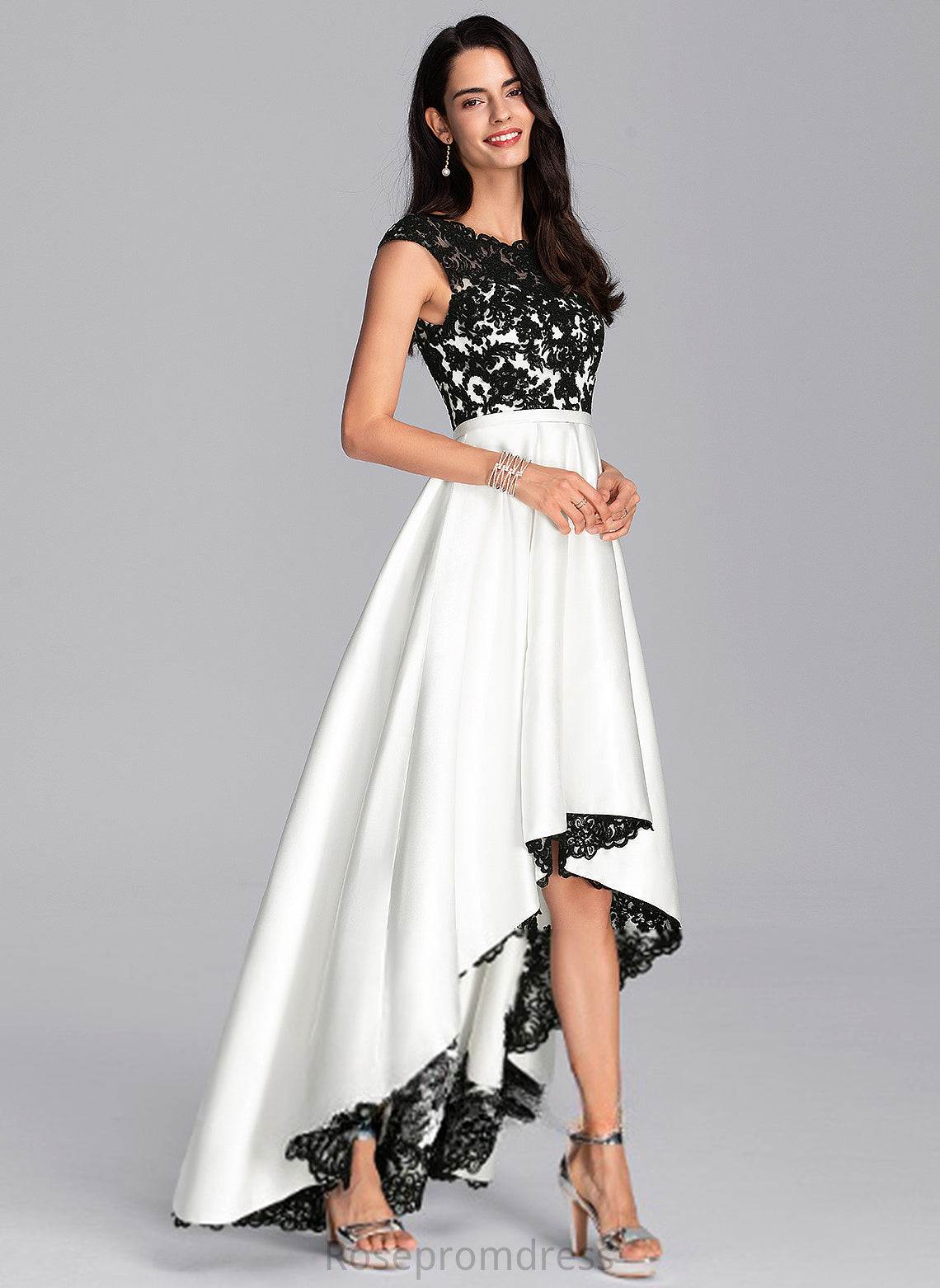 Scoop A-Line Illusion Asymmetrical Satin Alma Prom Dresses Lace