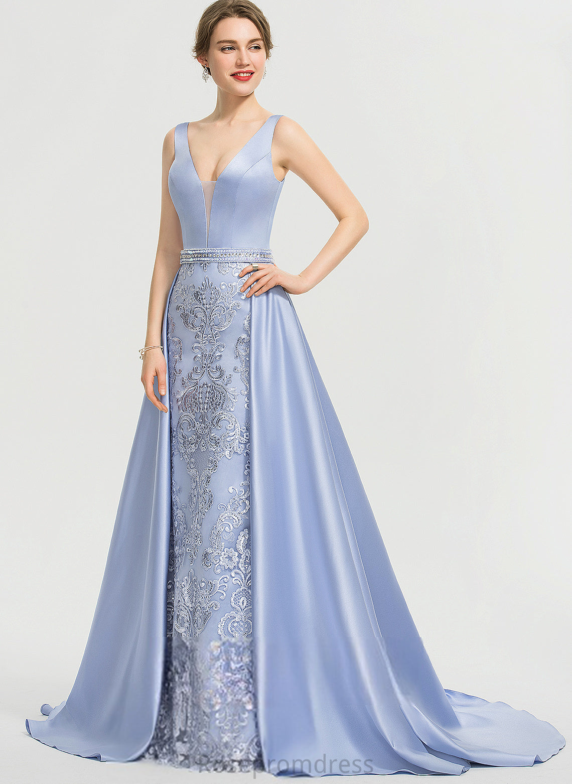 Lace Prom Dresses With Sequins Sweep V-neck Beading Ball-Gown/Princess Satin Holly Train