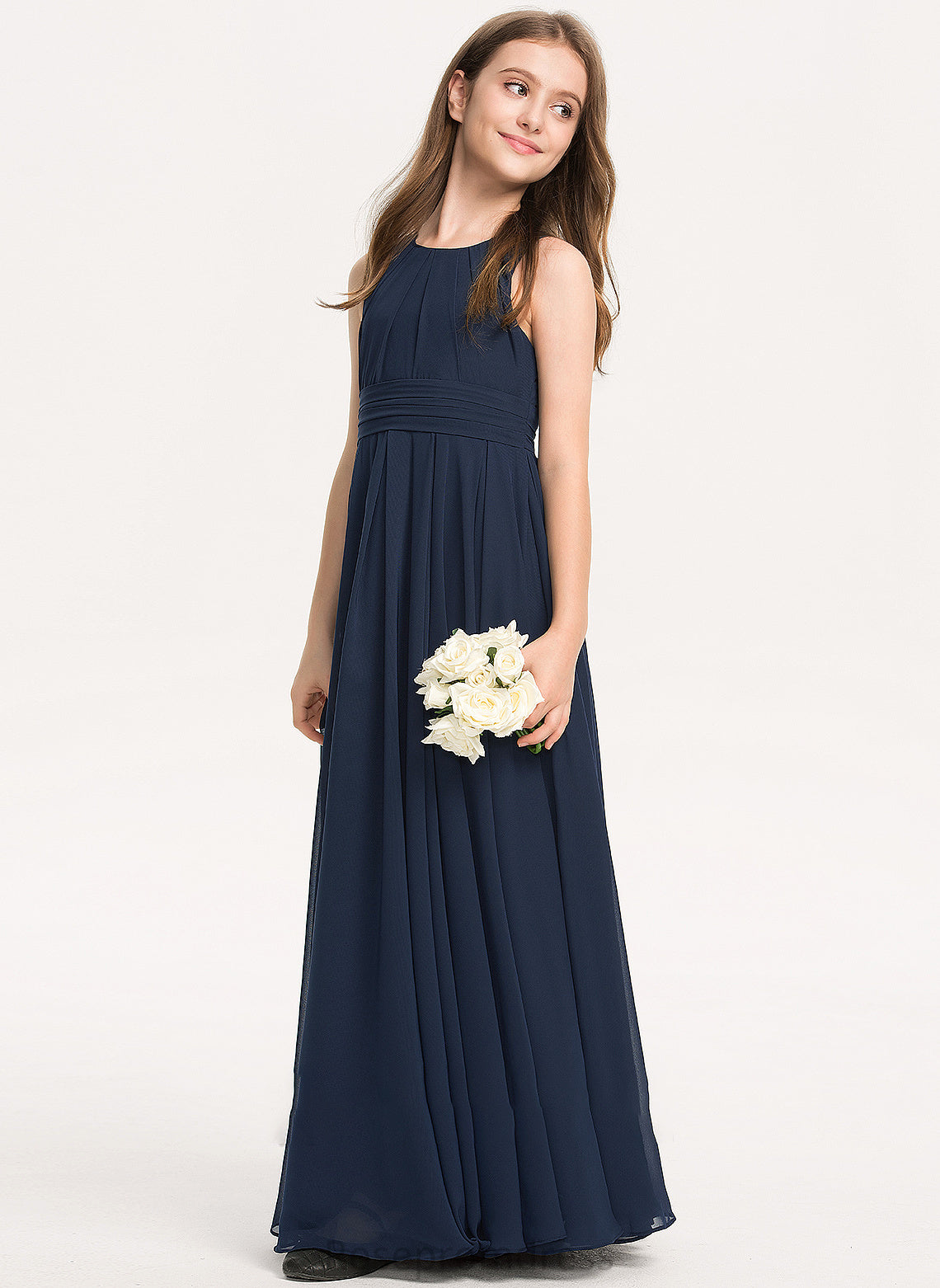 With A-Line Junior Bridesmaid Dresses Ruffle Chiffon Scoop Floor-Length Neck Maleah