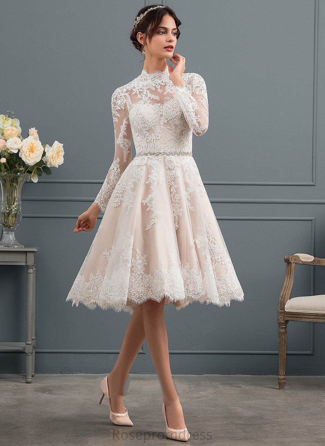 Caroline Lace Wedding Dresses Tulle Knee-Length Illusion Dress A-Line Wedding